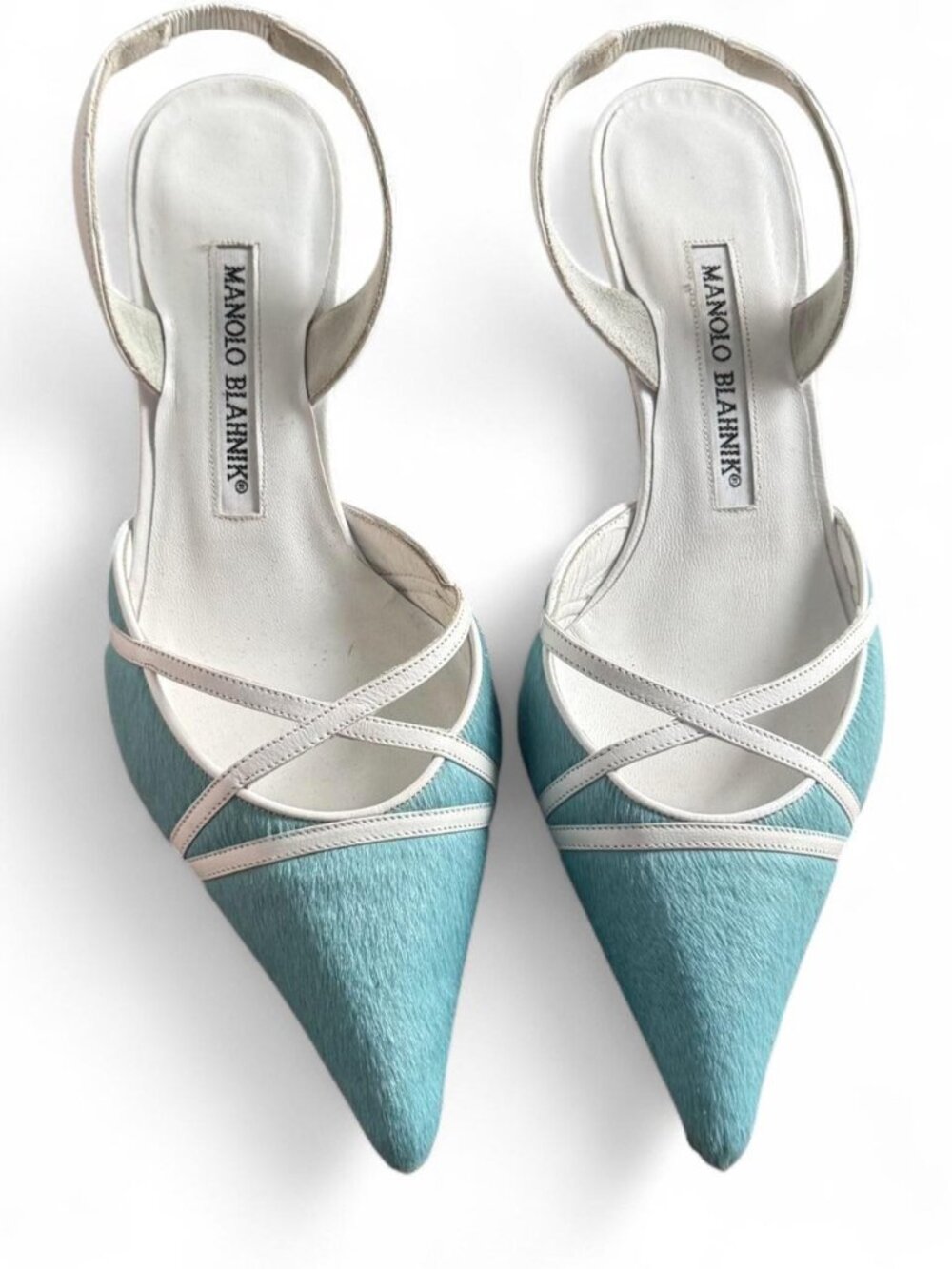 RARE vintage Manolo Blahnik blue pony hair sling back heels